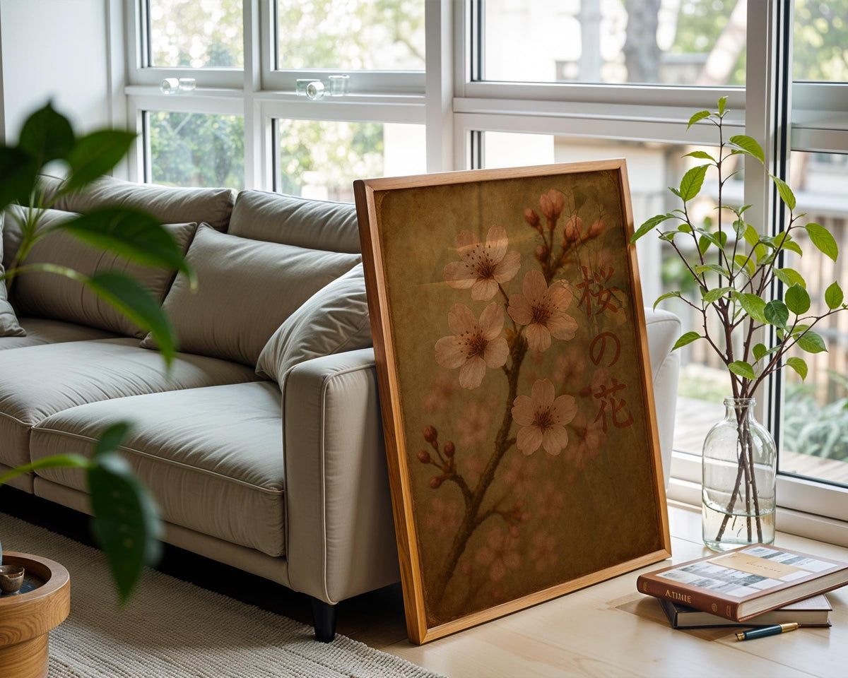 Sakura Blossom Wall Art – Japanese Cherry Flower Print with Vintage Tones and Kanji Text, Serene Nature Poster in Soft Pink & Brown - Just Great Posters