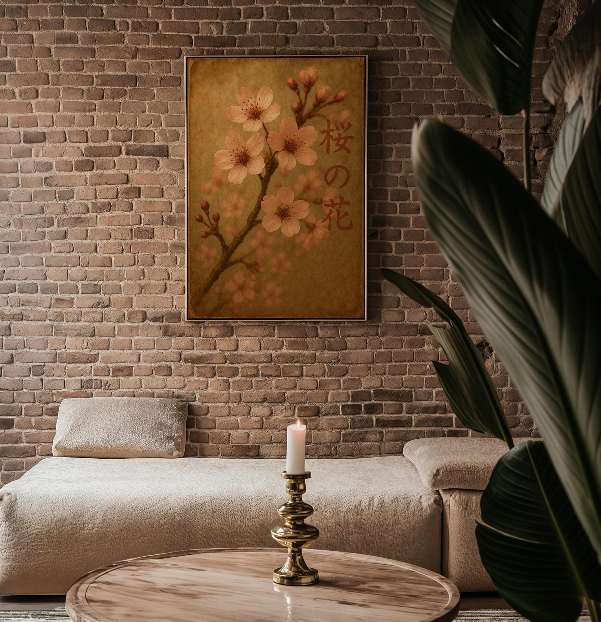Sakura Blossom Wall Art – Japanese Cherry Flower Print with Vintage Tones and Kanji Text, Serene Nature Poster in Soft Pink & Brown - Just Great Posters