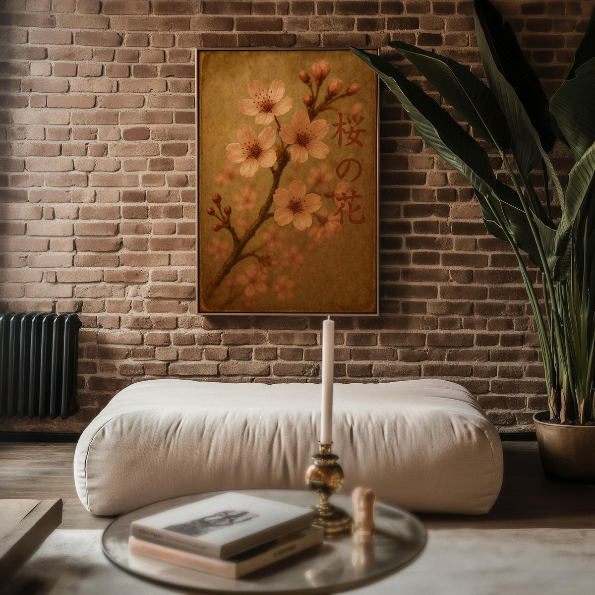 Sakura Blossom Wall Art – Japanese Cherry Flower Print with Vintage Tones and Kanji Text, Serene Nature Poster in Soft Pink & Brown - Just Great Posters