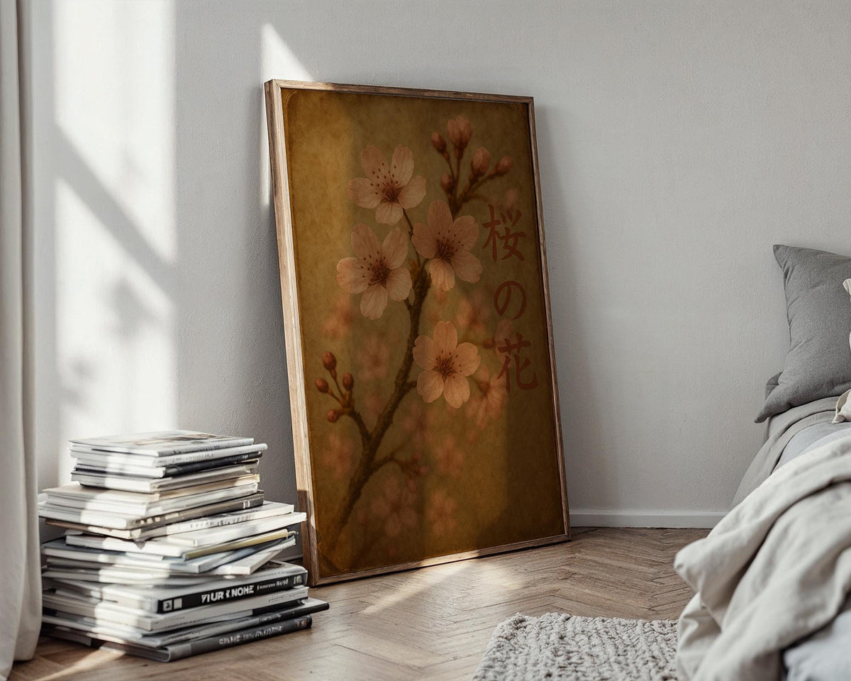 Sakura Blossom Wall Art – Japanese Cherry Flower Print with Vintage Tones and Kanji Text, Serene Nature Poster in Soft Pink & Brown - Just Great Posters