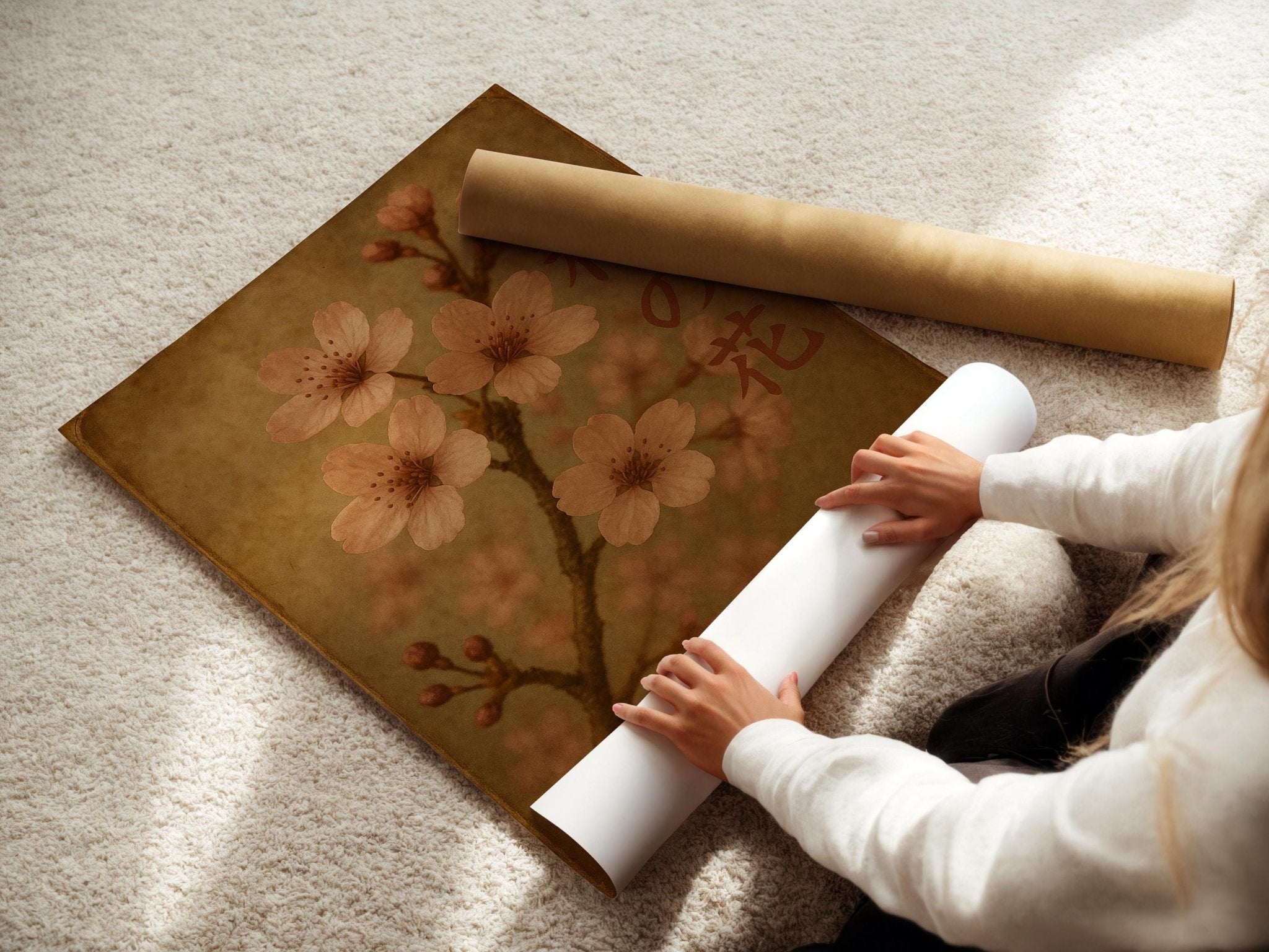 Sakura Blossom Wall Art – Japanese Cherry Flower Print with Vintage Tones and Kanji Text, Serene Nature Poster in Soft Pink & Brown - Just Great Posters