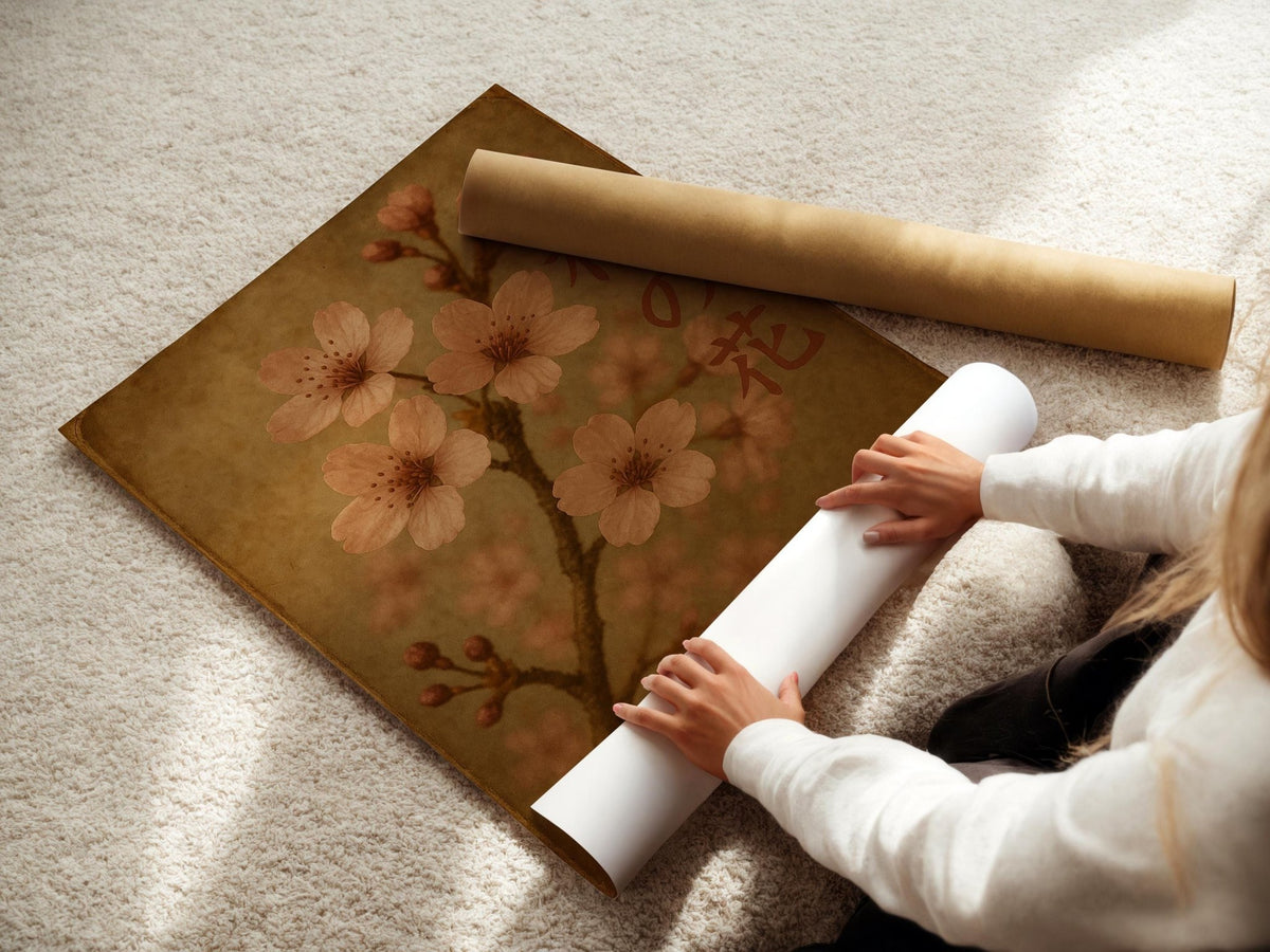 Sakura Blossom Wall Art – Japanese Cherry Flower Print with Vintage Tones and Kanji Text, Serene Nature Poster in Soft Pink & Brown - Just Great Posters