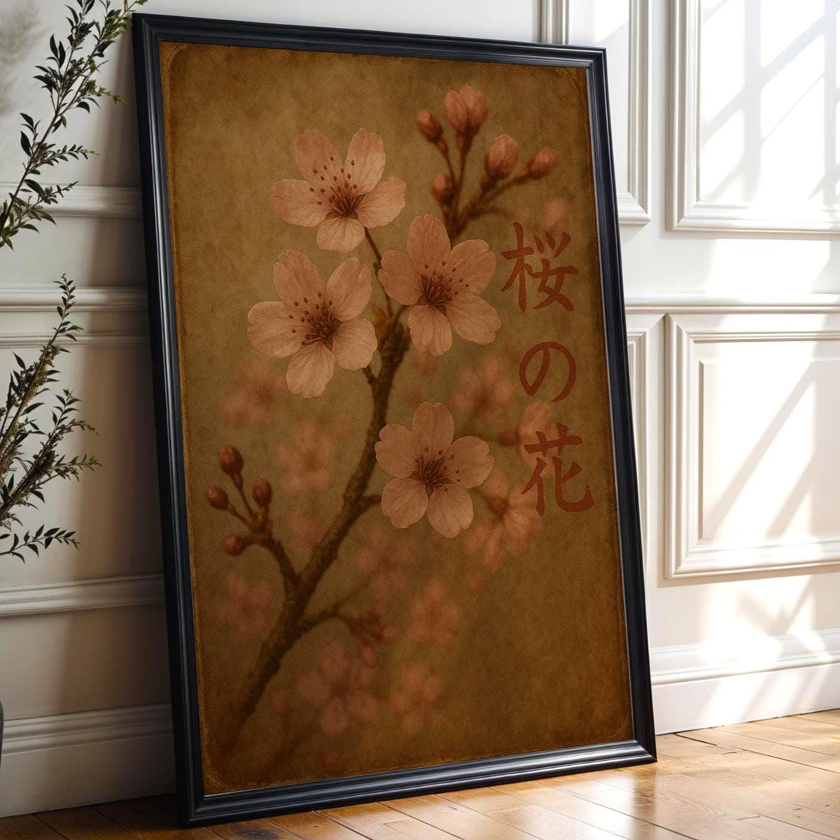 Sakura Blossom Wall Art – Japanese Cherry Flower Print with Vintage Tones and Kanji Text, Serene Nature Poster in Soft Pink & Brown - Just Great Posters