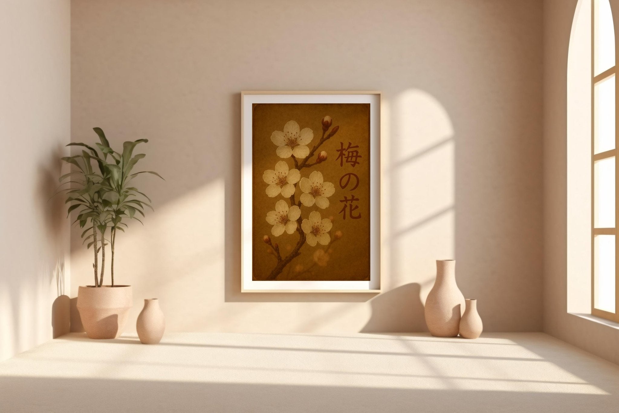 Ume Blossom Wall Print – Japanese Plum Flower Art in Warm Vintage Tones with Kanji, Soft White Petals for Serene Nature - Inspired Decor - Just Great Posters