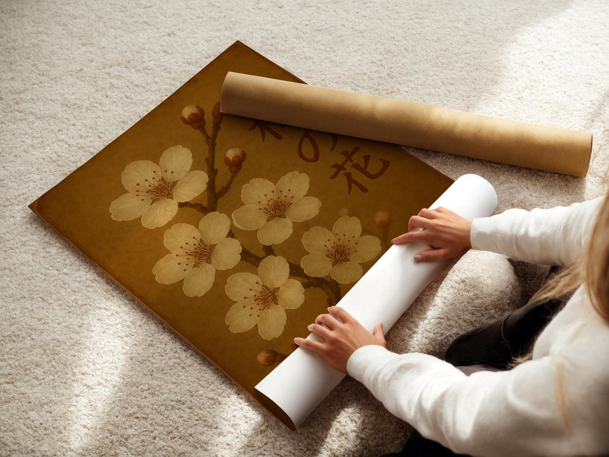 Ume Blossom Wall Print – Japanese Plum Flower Art in Warm Vintage Tones with Kanji, Soft White Petals for Serene Nature - Inspired Decor - Just Great Posters