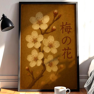 Ume Blossom Wall Print – Japanese Plum Flower Art in Warm Vintage Tones with Kanji, Soft White Petals for Serene Nature - Inspired Decor - Just Great Posters