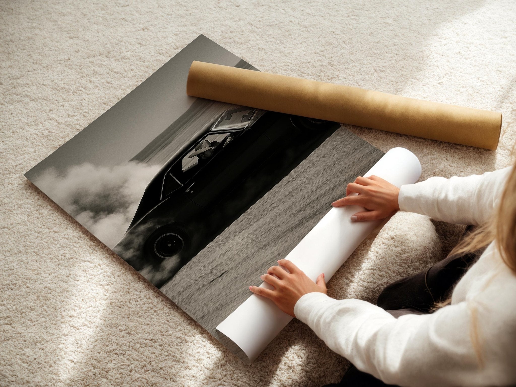 Cowboy Muscle Car Print – Black & White Desert Drift Photo with Smoke Trail, Western Noir Wall Art for Vintage Americana Vibes - Just Great Posters