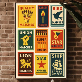 Vintage Matchbox Poster – Colorful Retro Safety Match Label Art, Bold Graphic Print with Lions, Ships, Stars & More for Cool Wall Vibes - Just Great Posters