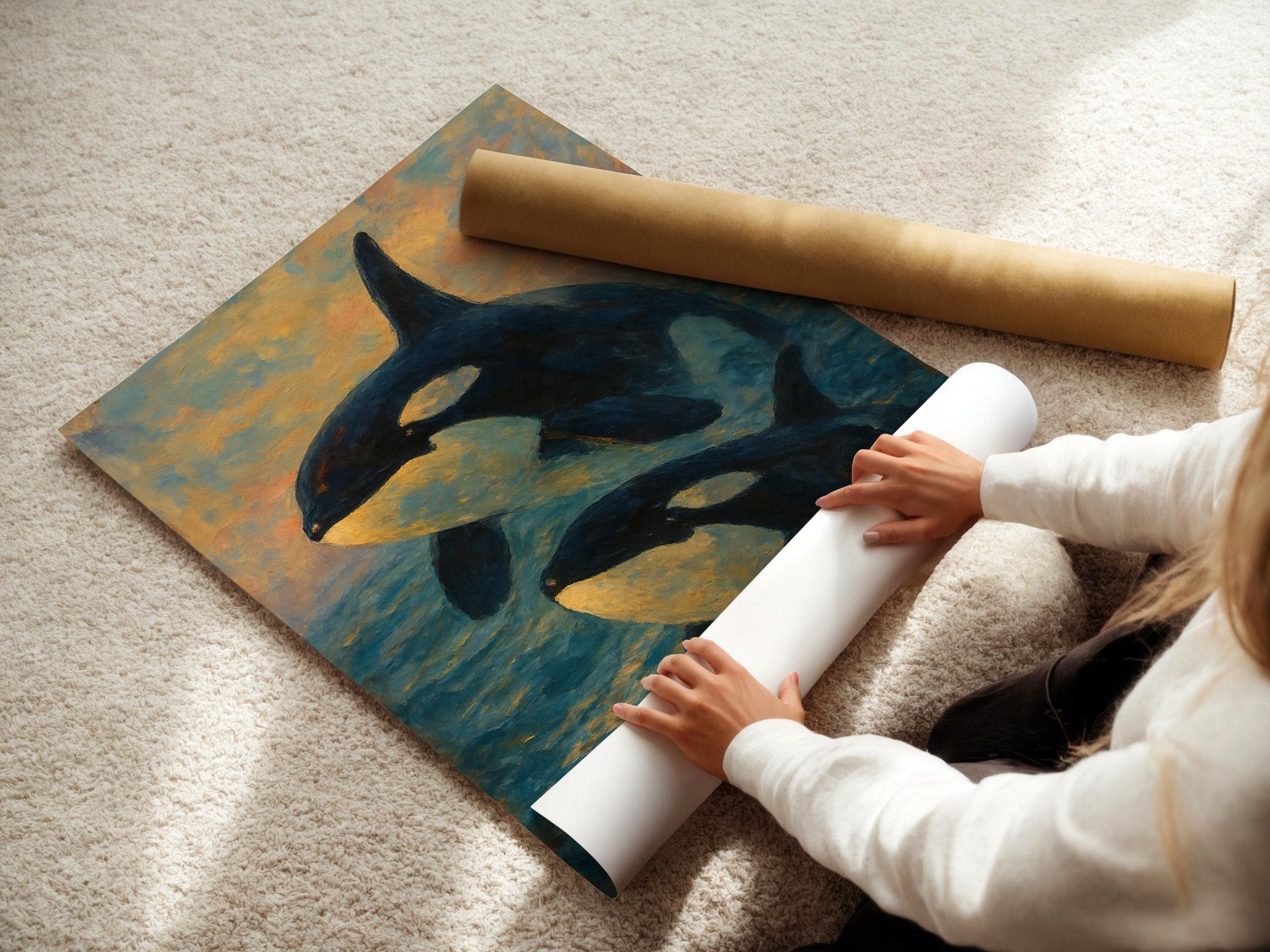 Orca Whale Painting Print – Two Killer Whales Breaching at Sunset in Impressionist Style, Serene Ocean Wall Art for Nature Lovers - Just Great Posters