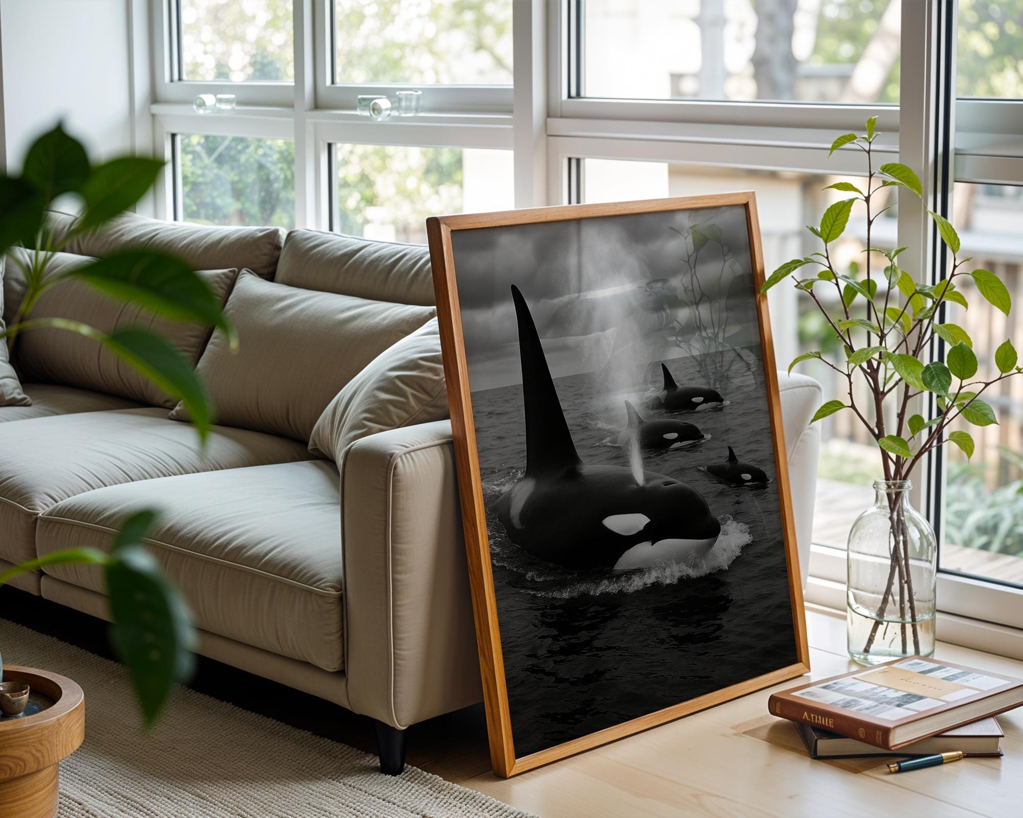 Orca Whale Family Print – Black & White Ocean Photo of Pod Surfacing, Moody Wildlife Wall Art for Sea Lovers and Modern Nature Print - Just Great Posters