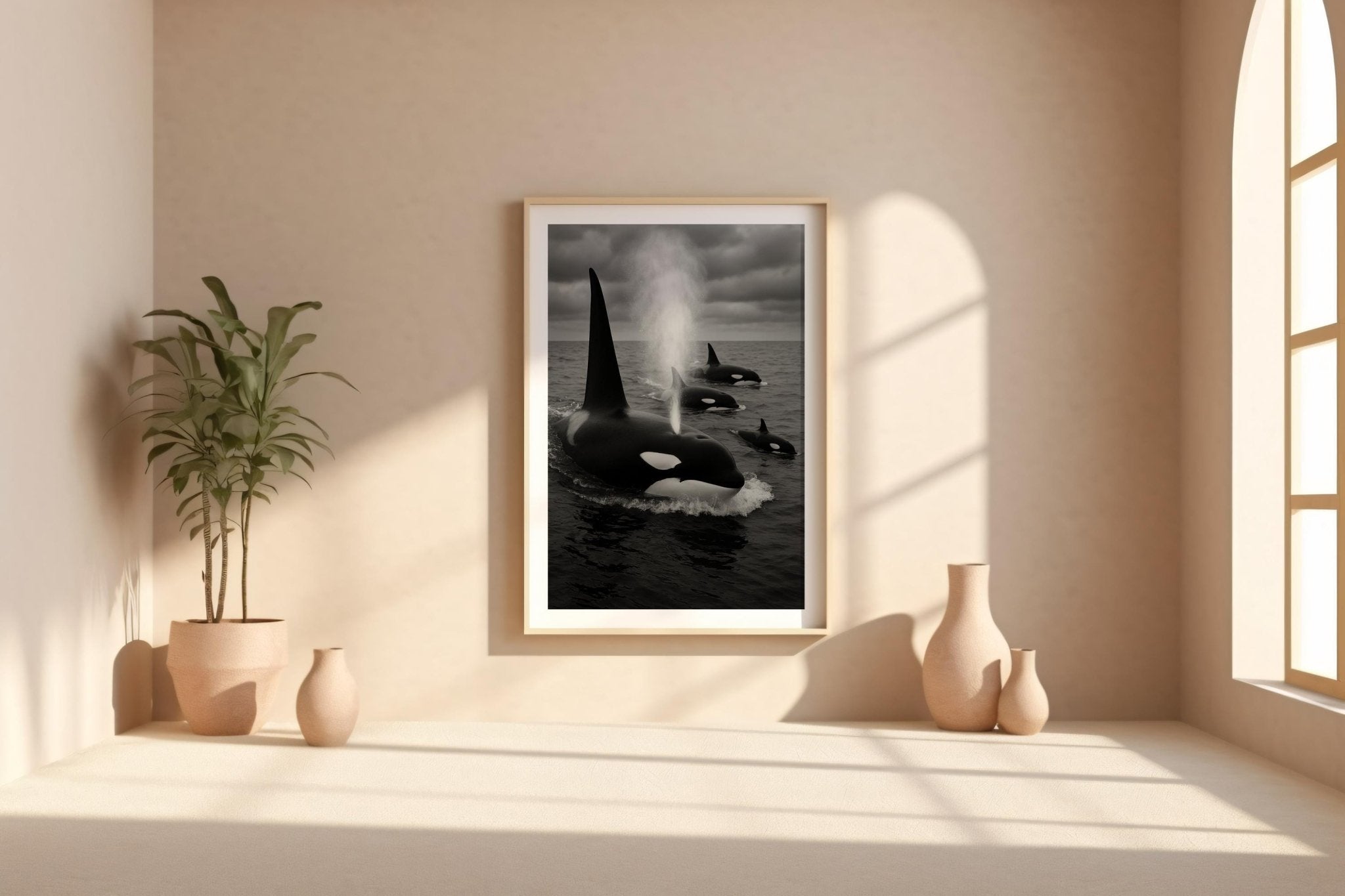 Orca Whale Family Print – Black & White Ocean Photo of Pod Surfacing, Moody Wildlife Wall Art for Sea Lovers and Modern Nature Print - Just Great Posters