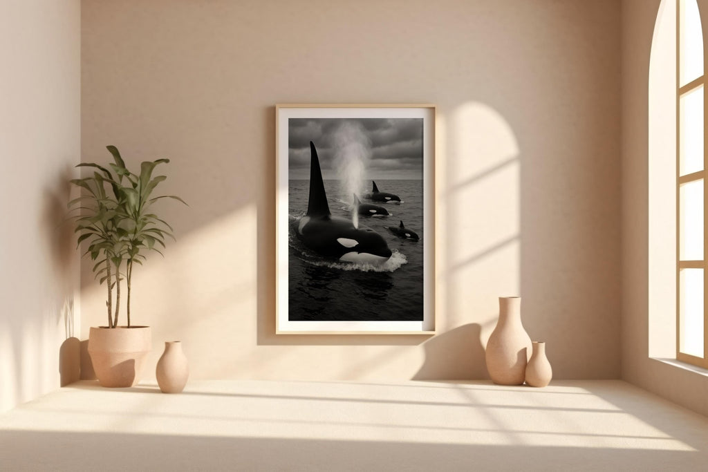 Orca Whale Family Print – Black & White Ocean Photo of Pod Surfacing, Moody Wildlife Wall Art for Sea Lovers and Modern Nature Print - Just Great Posters