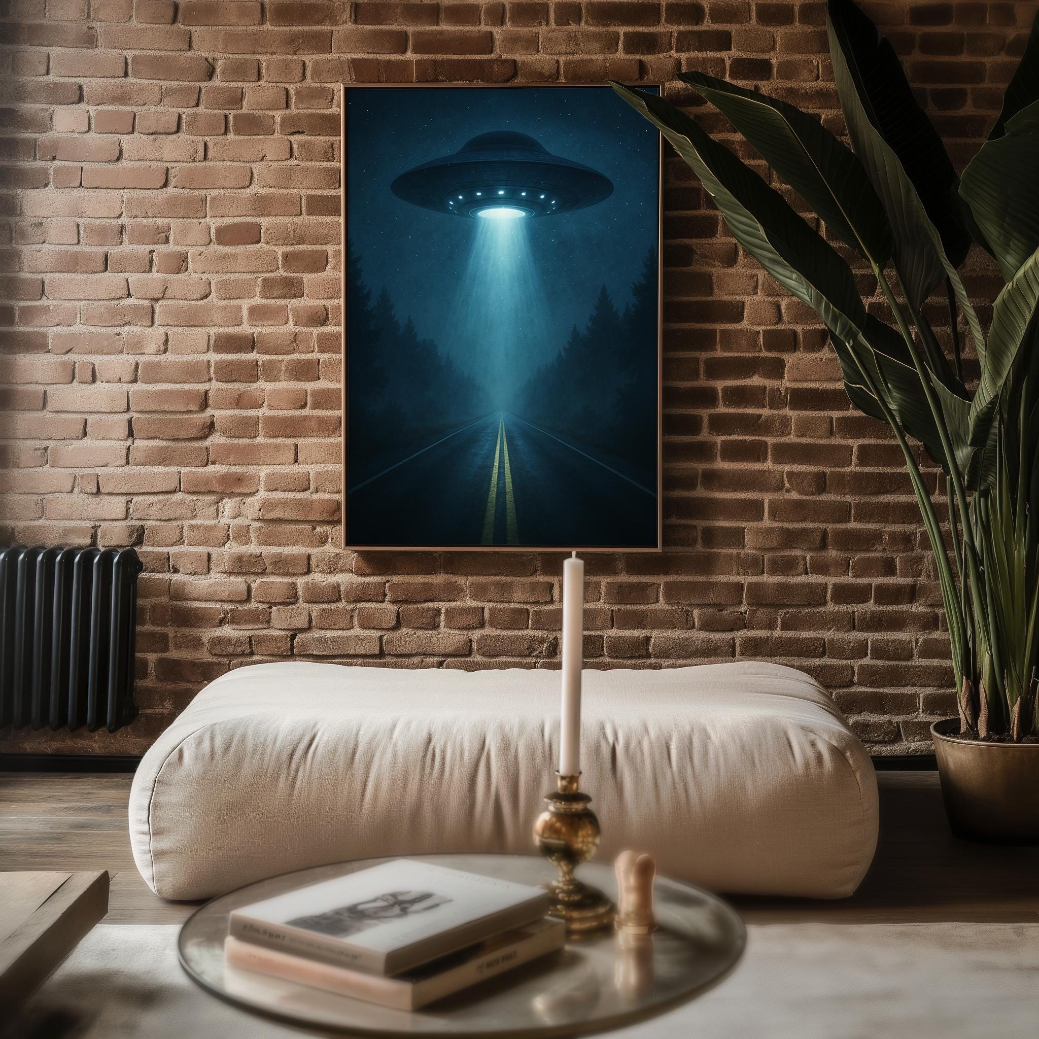 UFO Abduction Art Print – Night Scene with Beam of Light on Forest Road, Eerie Alien Poster for Sci - Fi Decor & X - Files Style Spaces - Just Great Posters