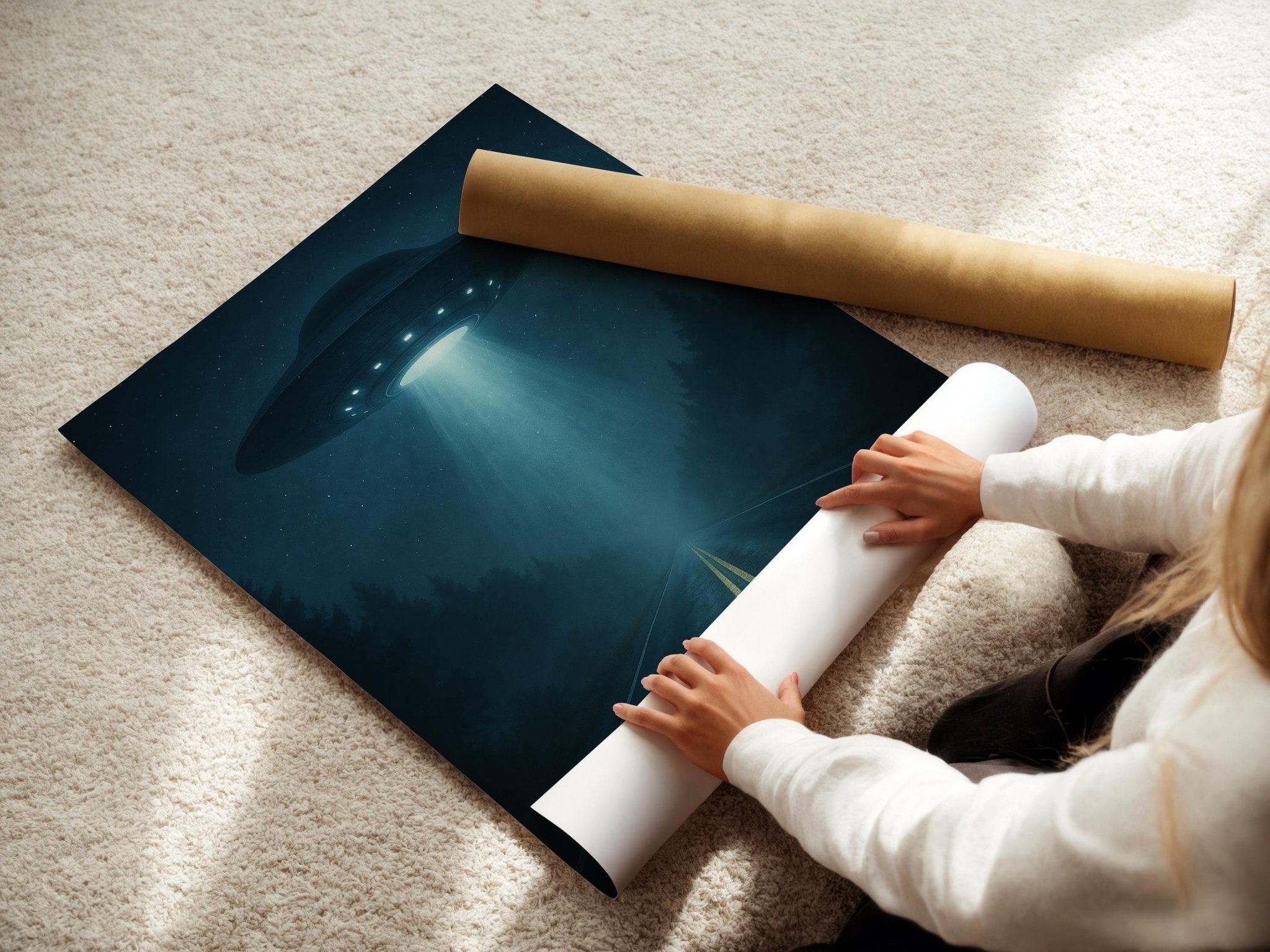 UFO Abduction Art Print – Night Scene with Beam of Light on Forest Road, Eerie Alien Poster for Sci - Fi Decor & X - Files Style Spaces - Just Great Posters