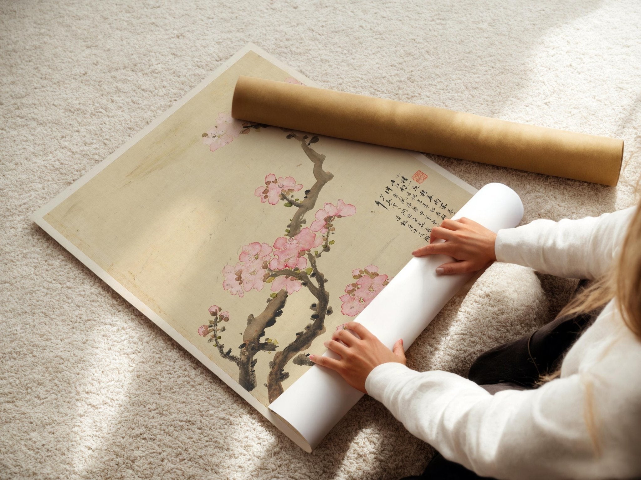 Cherry Blossom Ink Painting Print – Vintage Japanese Sakura Art, Minimalist Botanical Wall Decor, Pink Flower Woodblock - Style Poster - Just Great Posters