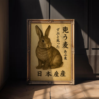 Chubby Bunny Japanese Poster – Vintage Animal Art Print with Kanji Text, Cute Kawaii Home Decor, Minimalist Wall Art for Cozy Vibes - Just Great Posters