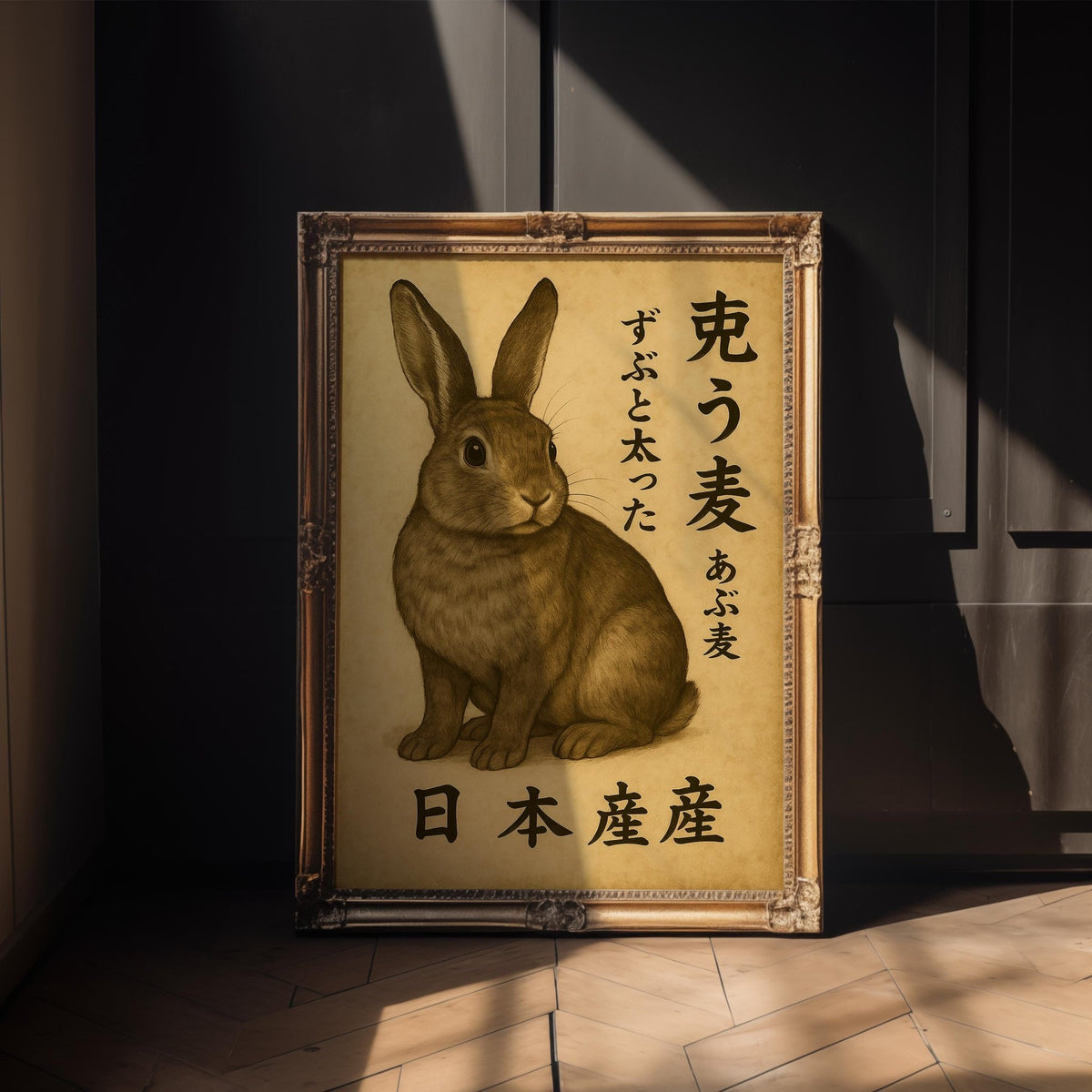 Chubby Bunny Japanese Poster – Vintage Animal Art Print with Kanji Text, Cute Kawaii Home Decor, Minimalist Wall Art for Cozy Vibes - Just Great Posters