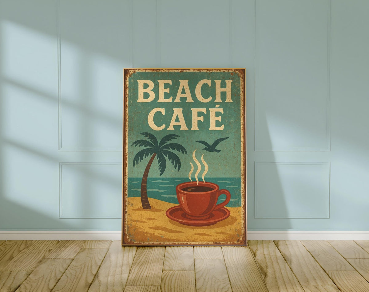 Beach Café Poster – Retro Coffee and Palm Tree Wall Art, Vintage Coastal Kitchen Print, Tropical Summer Decor for Bold Home Style - Just Great Posters