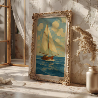 Retro Sailboat Poster – Bold Nautical Wall Art with Blue and Orange Style, Vintage Sailing Print for Coastal Decor, Free Shipping Always - Just Great Posters