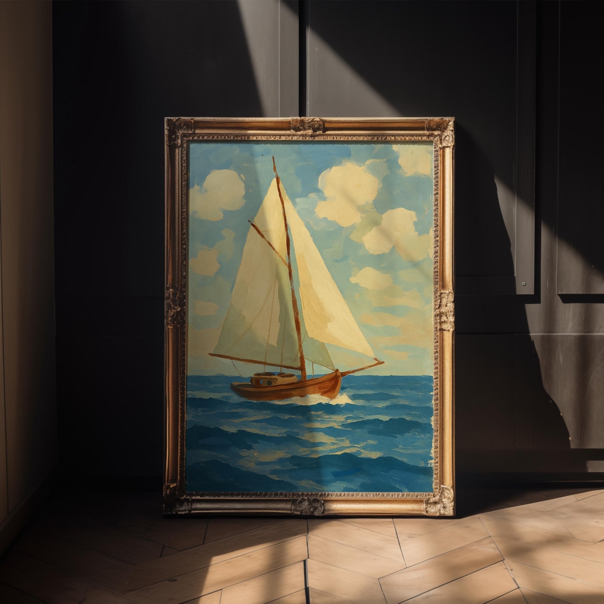 Retro Sailboat Poster – Bold Nautical Wall Art with Blue and Orange Style, Vintage Sailing Print for Coastal Decor, Free Shipping Always - Just Great Posters