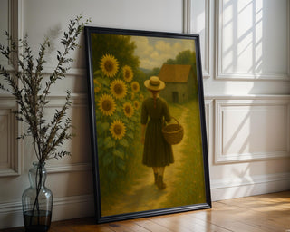 Cottagecore Sunflower Girl Print – Rustic Country Wall Art, Vintage - Style Farmhouse Decor, Romantic Pastoral Poster, Free Shipping Always - Just Great Posters