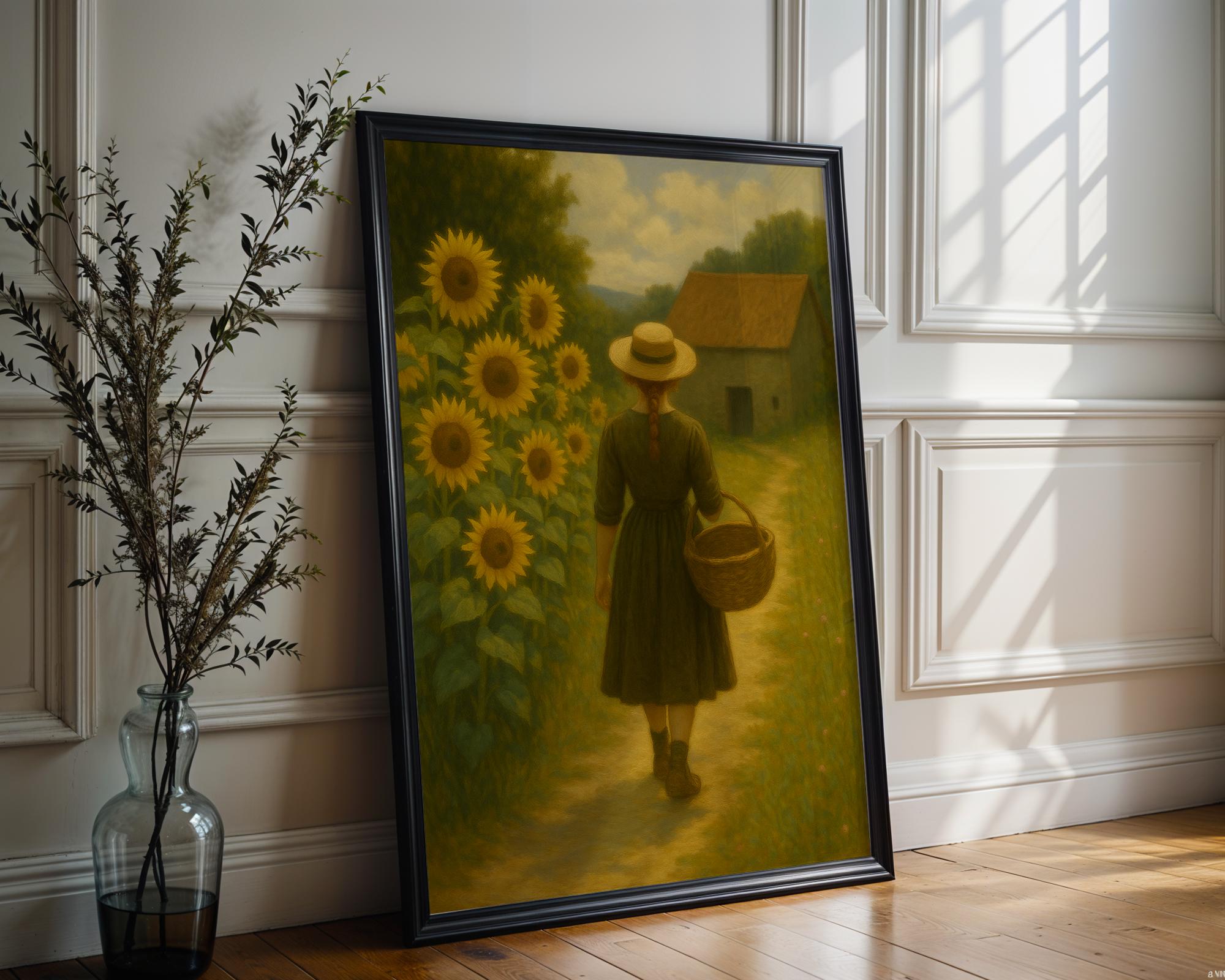 Cottagecore Sunflower Girl Print – Rustic Country Wall Art, Vintage - Style Farmhouse Decor, Romantic Pastoral Poster, Free Shipping Always - Just Great Posters