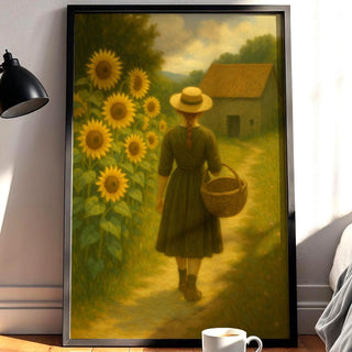 Cottagecore Sunflower Girl Print – Rustic Country Wall Art, Vintage - Style Farmhouse Decor, Romantic Pastoral Poster, Free Shipping Always - Just Great Posters