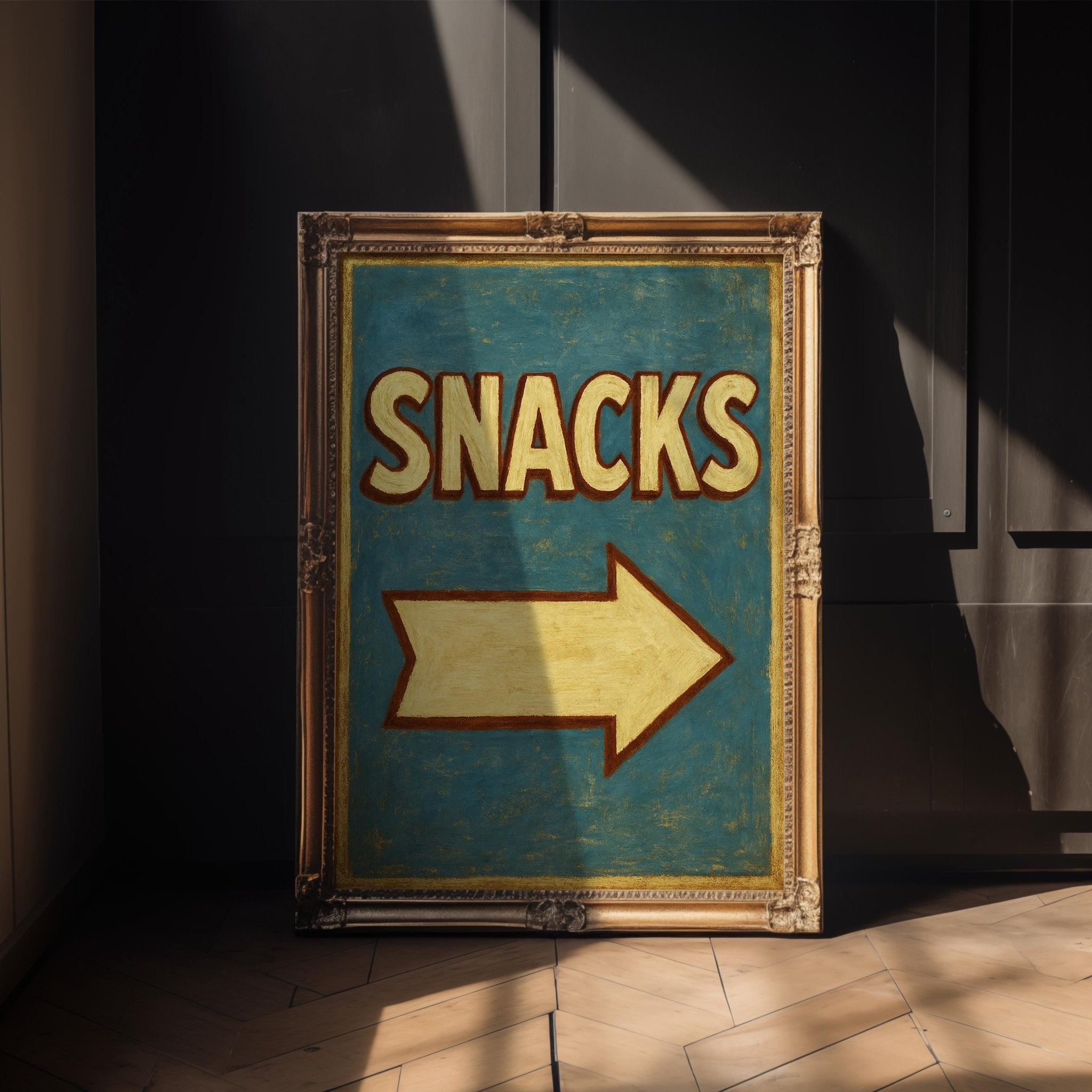 Retro Snacks Sign Poster – Vintage Diner Wall Art, Bold Yellow Arrow Print, 1950s - Inspired Kitchen Decor, Fun Gift for Food Lovers - Just Great Posters