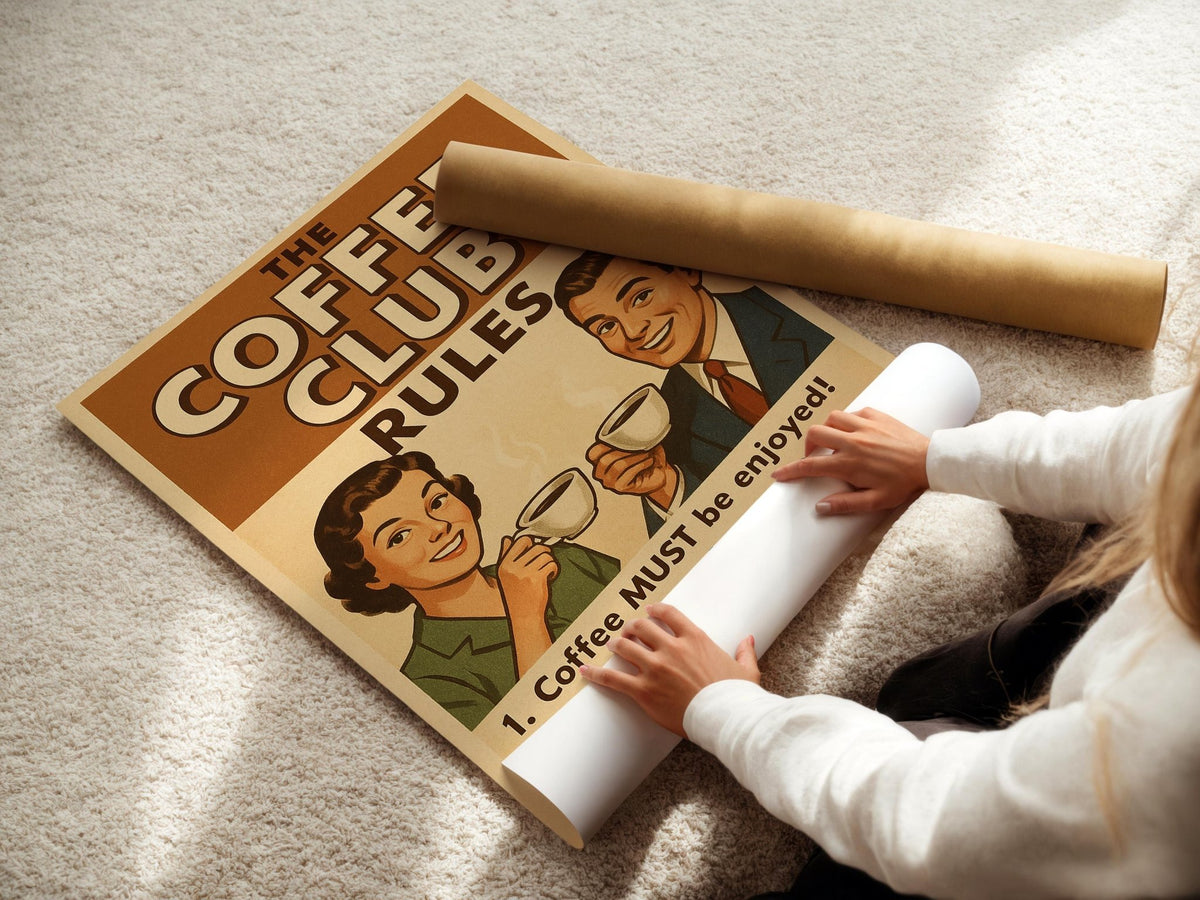 Retro Coffee Club Rules Poster – Vintage Café Wall Art, Funny Coffee Bar Decor, Kitchen Humor Print, Coffee Lover Gift, Free Shipping Always - Just Great Posters