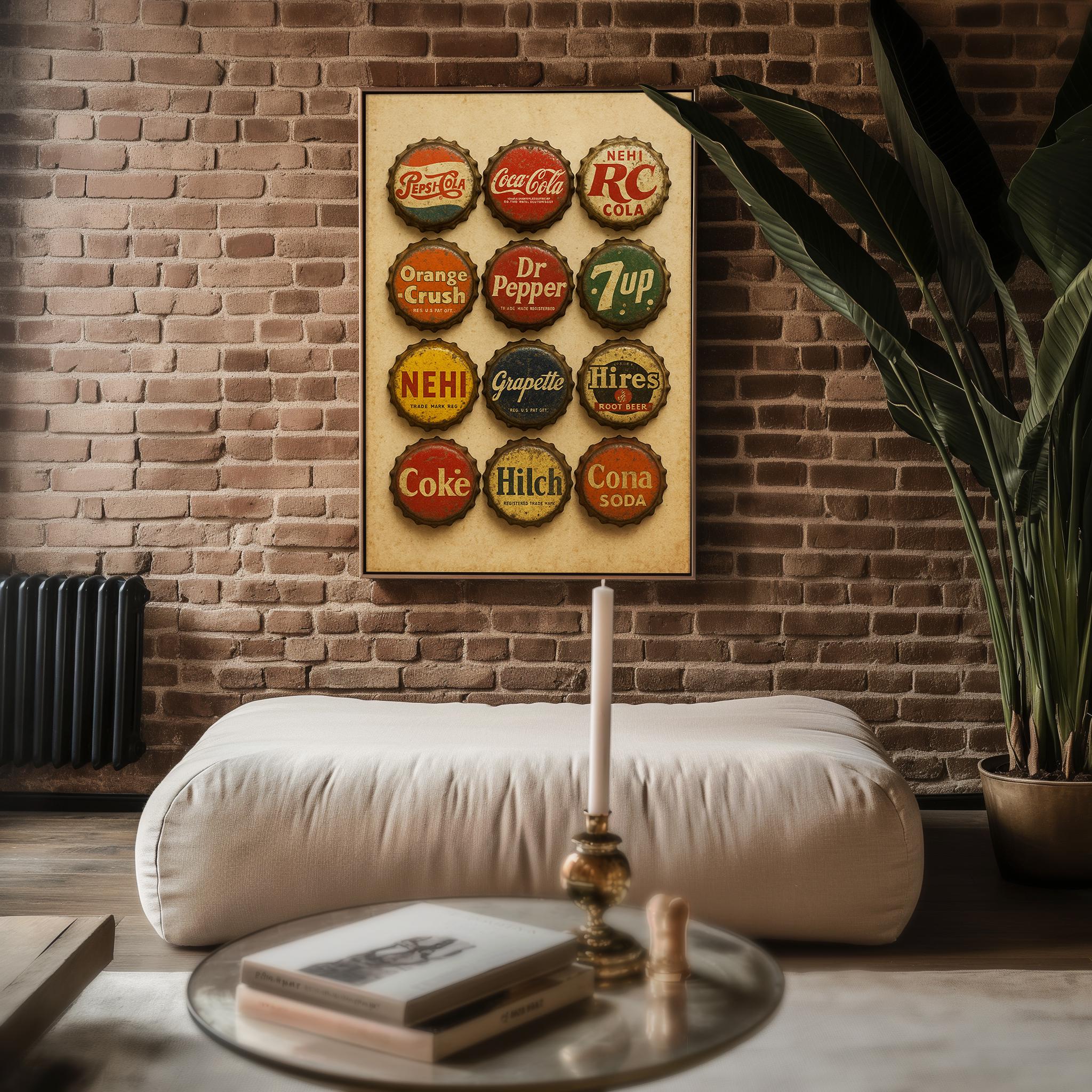 Vintage Soda Bottle Cap Poster | Retro Pop Art Wall Print for Kitchen, Bar or Game Room | Cola Nostalgia Decor | Free Shipping Always - Just Great Posters