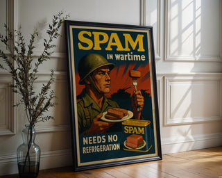 SPAM in Wartime Poster | Funny Retro Food Ad Print with Soldier Artwork | Vintage Kitchen or Man Cave Wall Art | Free Shipping Always - Just Great Posters