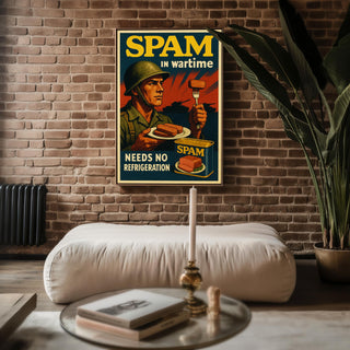 SPAM in Wartime Poster | Funny Retro Food Ad Print with Soldier Artwork | Vintage Kitchen or Man Cave Wall Art | Free Shipping Always - Just Great Posters
