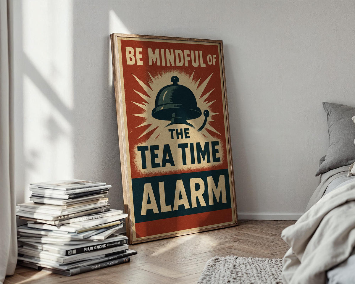 Tea Time Alarm Poster | Funny British Wall Art with Retro Graphic Bell Design | Kitchen or Cafe Print for Tea Lovers | Free Shipping - Just Great Posters