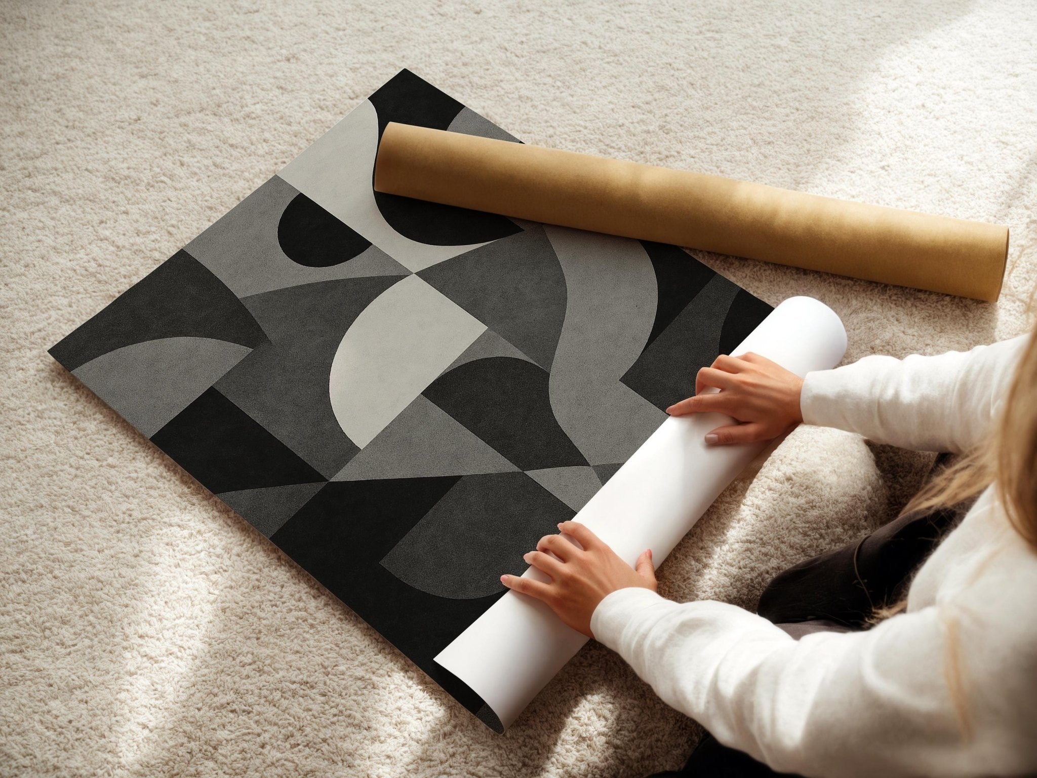 Geometric Abstract Poster | Modern Minimal Wall Art in Beige, Black & White | Bold Design Lover’s Print | Free Shipping Always Included - Just Great Posters