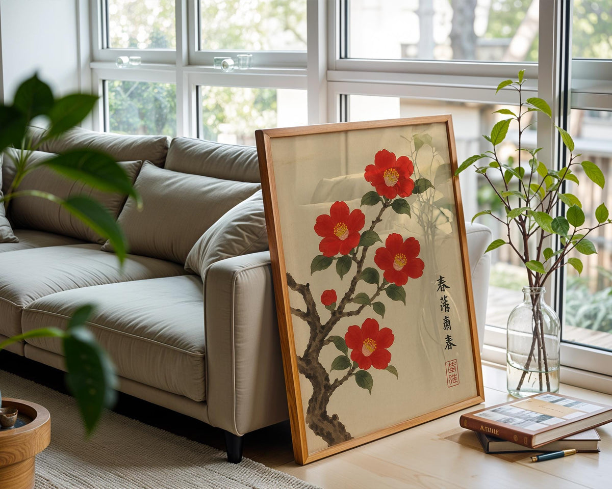Red Camellia Blossom Poster | Japanese - Style Botanical Wall Art with Vintage Ink Brush Look | Zen Nature Print | Free Shipping Always - Just Great Posters