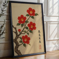 Red Camellia Blossom Poster | Japanese - Style Botanical Wall Art with Vintage Ink Brush Look | Zen Nature Print | Free Shipping Always - Just Great Posters