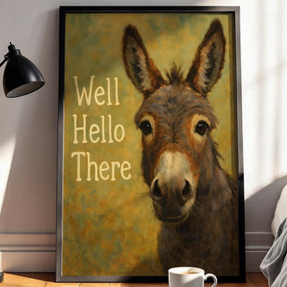 Well Hello There Donkey Poster | Whimsical Animal Wall Art with Funny Greeting | Rustic Farmhouse Humor Print | Free Shipping Always - Just Great Posters