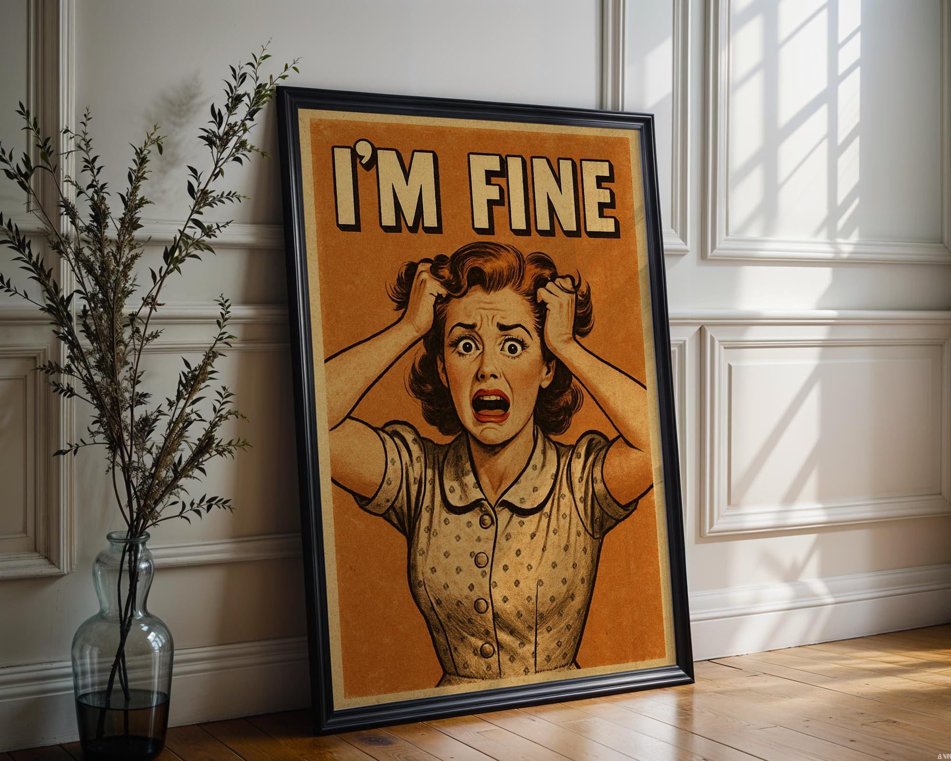 I’m Fine Retro Poster | Funny Mental Health Wall Art in Vintage Comic Style | Anxiety Humor Print for Office or Dorm | Free Shipping - Just Great Posters