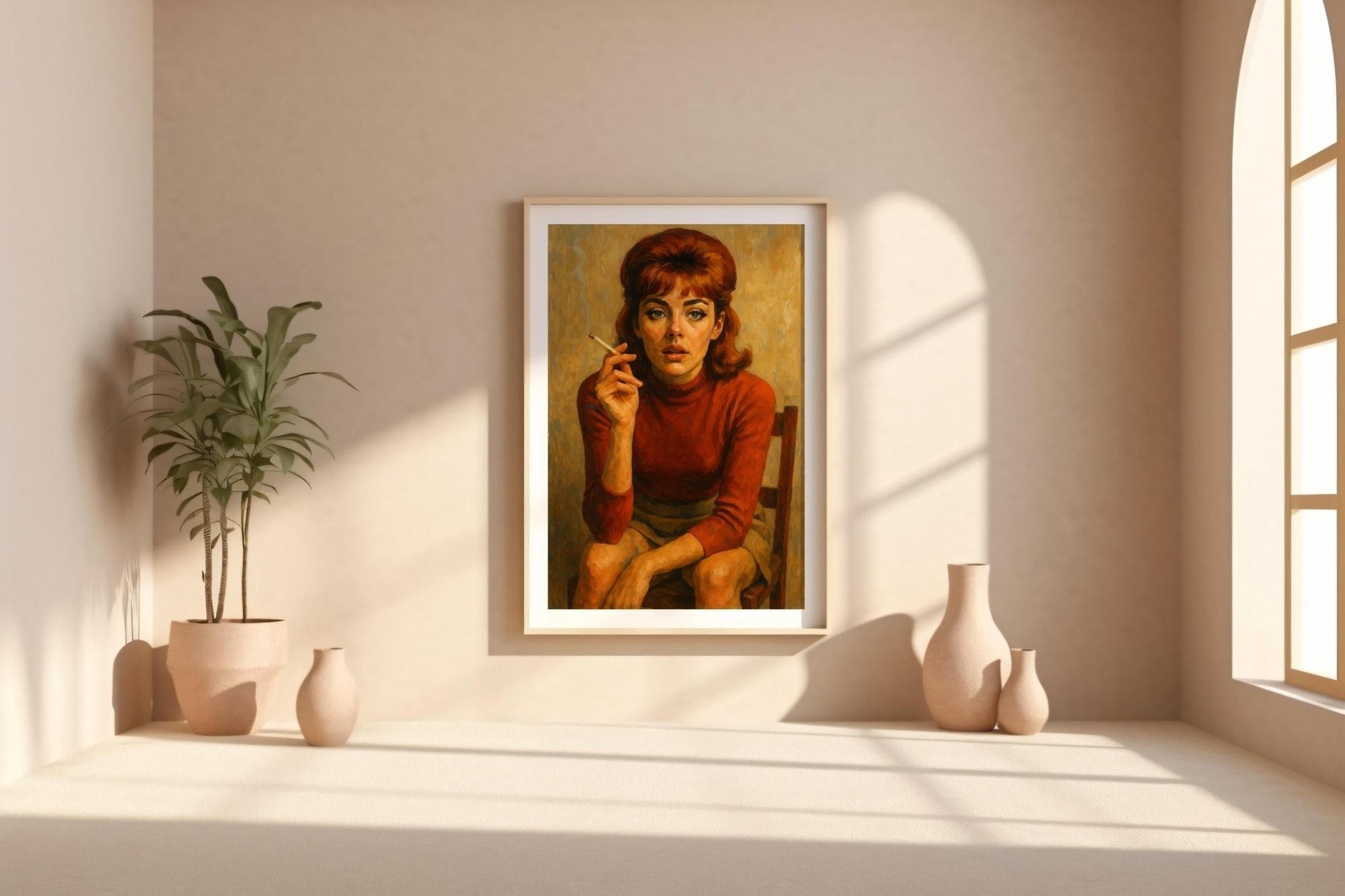 Vintage Smoking Woman Poster | Retro Redhead Portrait with Moody 60s Vibe | Bold Feminine Wall Art for Style Lovers | Free Shipping - Just Great Posters