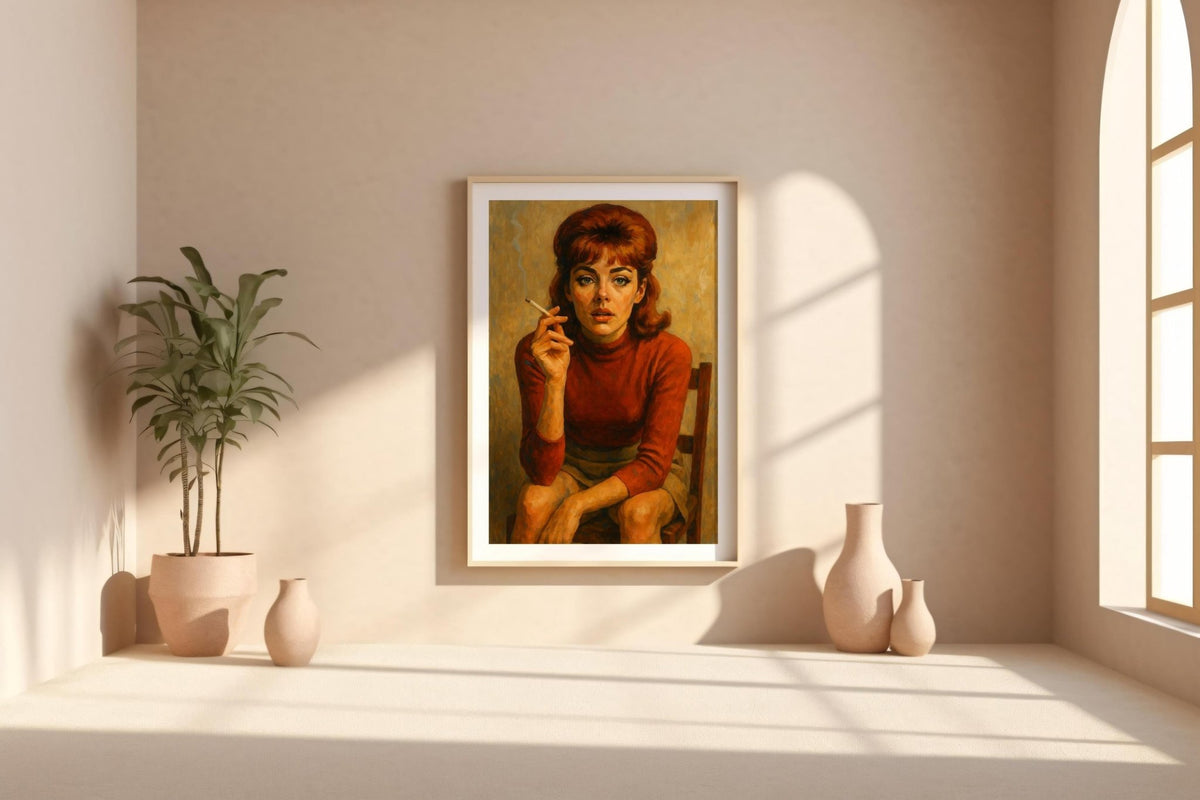 Vintage Smoking Woman Poster | Retro Redhead Portrait with Moody 60s Vibe | Bold Feminine Wall Art for Style Lovers | Free Shipping - Just Great Posters