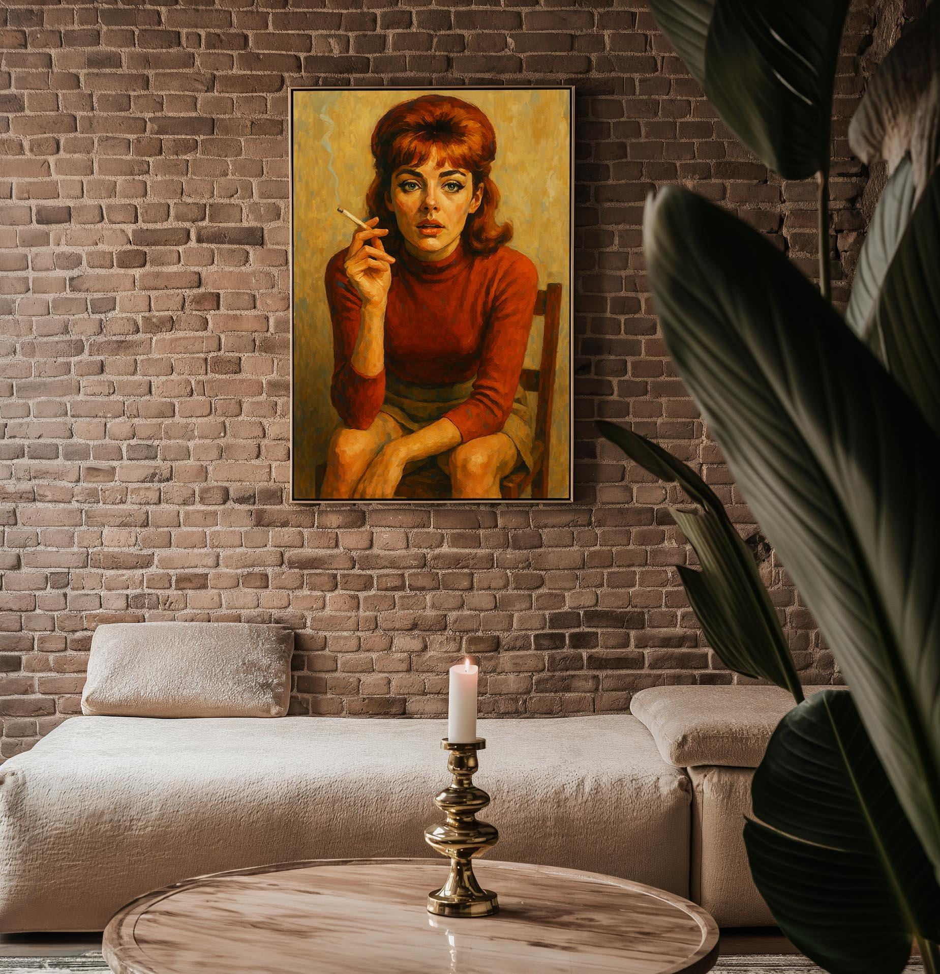 Vintage Smoking Woman Poster | Retro Redhead Portrait with Moody 60s Vibe | Bold Feminine Wall Art for Style Lovers | Free Shipping - Just Great Posters