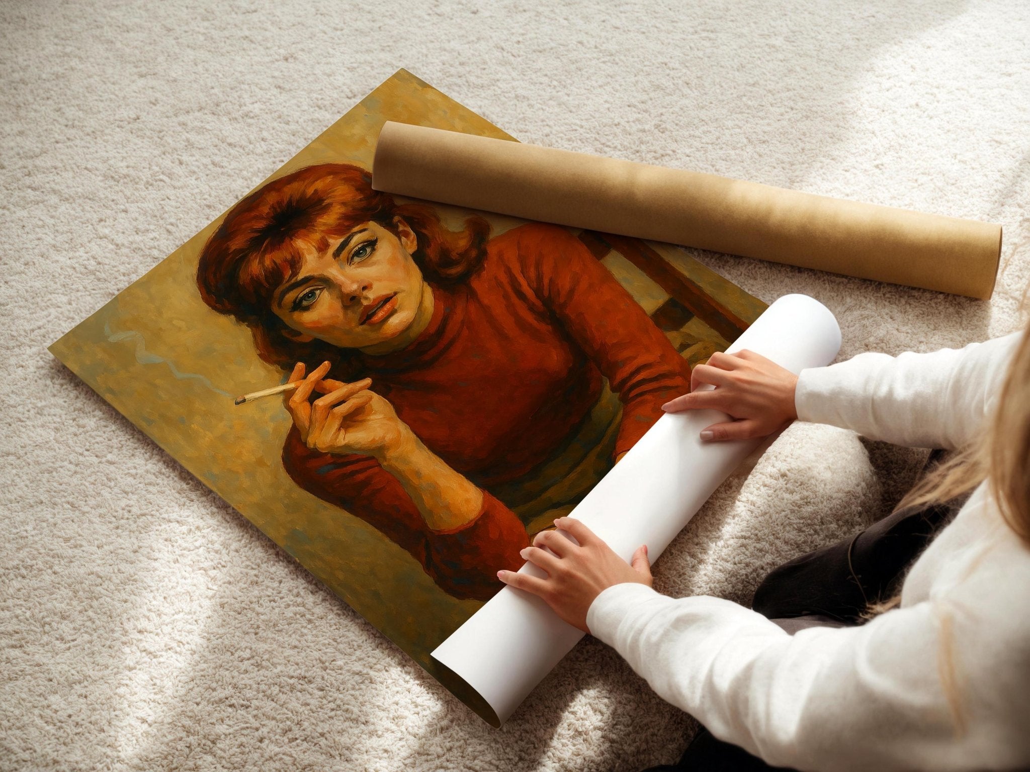 Vintage Smoking Woman Poster | Retro Redhead Portrait with Moody 60s Vibe | Bold Feminine Wall Art for Style Lovers | Free Shipping - Just Great Posters