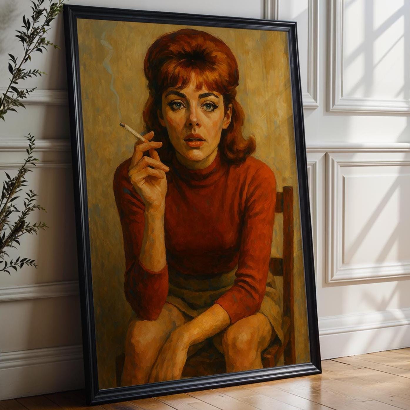 Vintage Smoking Woman Poster | Retro Redhead Portrait with Moody 60s Vibe | Bold Feminine Wall Art for Style Lovers | Free Shipping - Just Great Posters