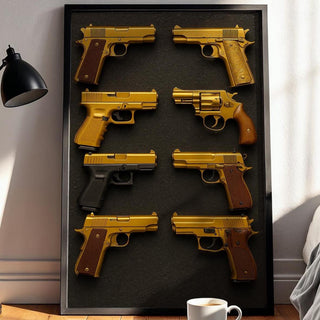 Golden Pistols Poster | Luxury Weapon Grid Wall Art with Bold Gold on Black Design | Edgy Modern Statement Print | Free Shipping Always - Just Great Posters