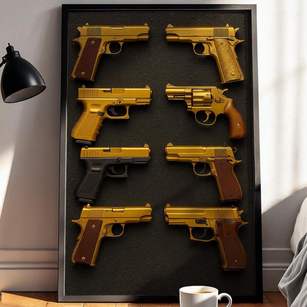 Golden Pistols Poster | Luxury Weapon Grid Wall Art with Bold Gold on Black Design | Edgy Modern Statement Print | Free Shipping Always - Just Great Posters