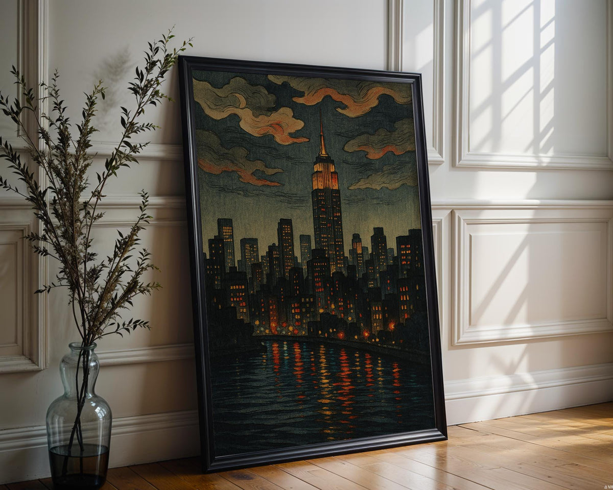 New York City Night Skyline Poster | Moody Empire State Building Wall Art with River Lights | Retro Urban Print | Free Shipping Always - Just Great Posters