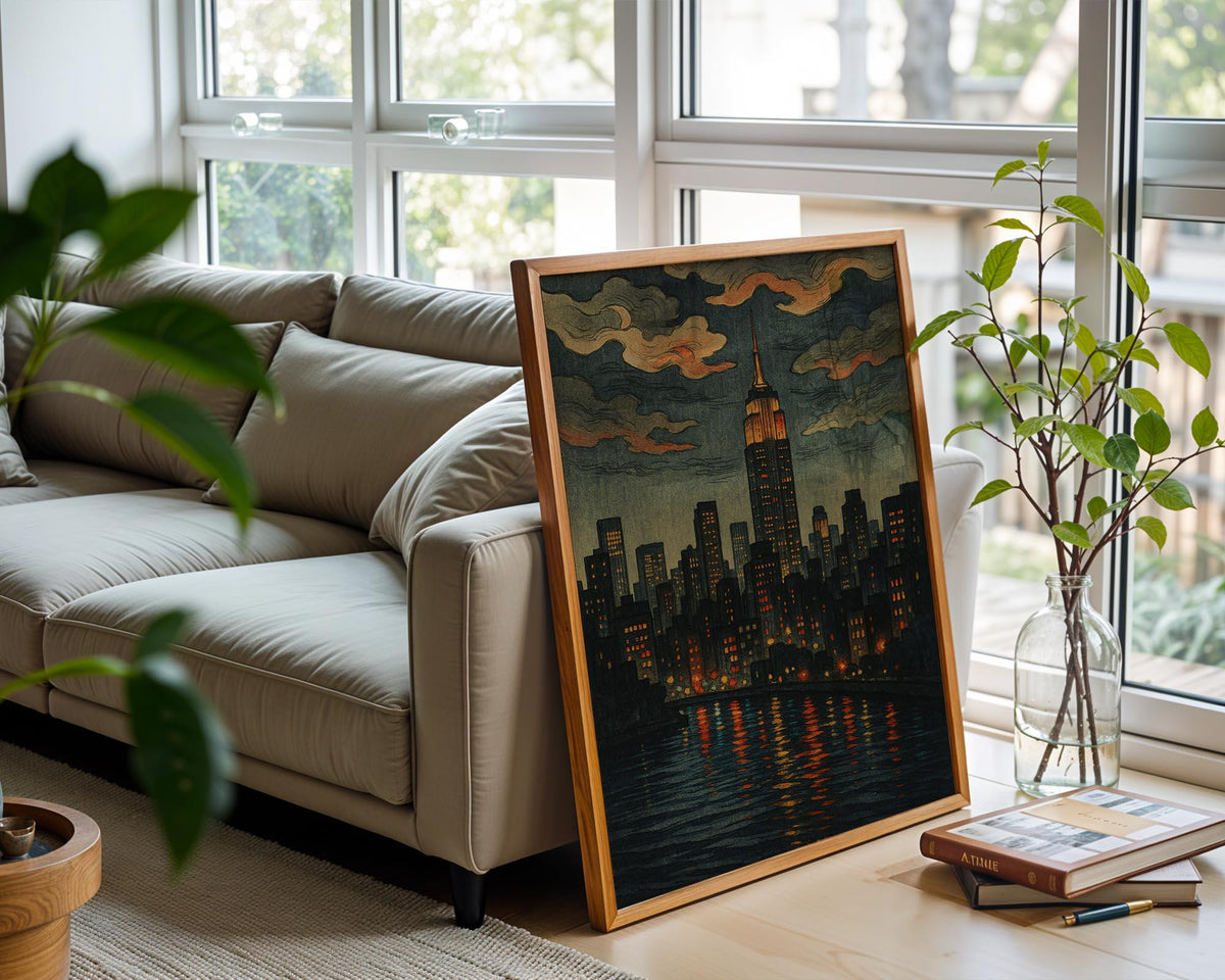 New York City Night Skyline Poster | Moody Empire State Building Wall Art with River Lights | Retro Urban Print | Free Shipping Always - Just Great Posters