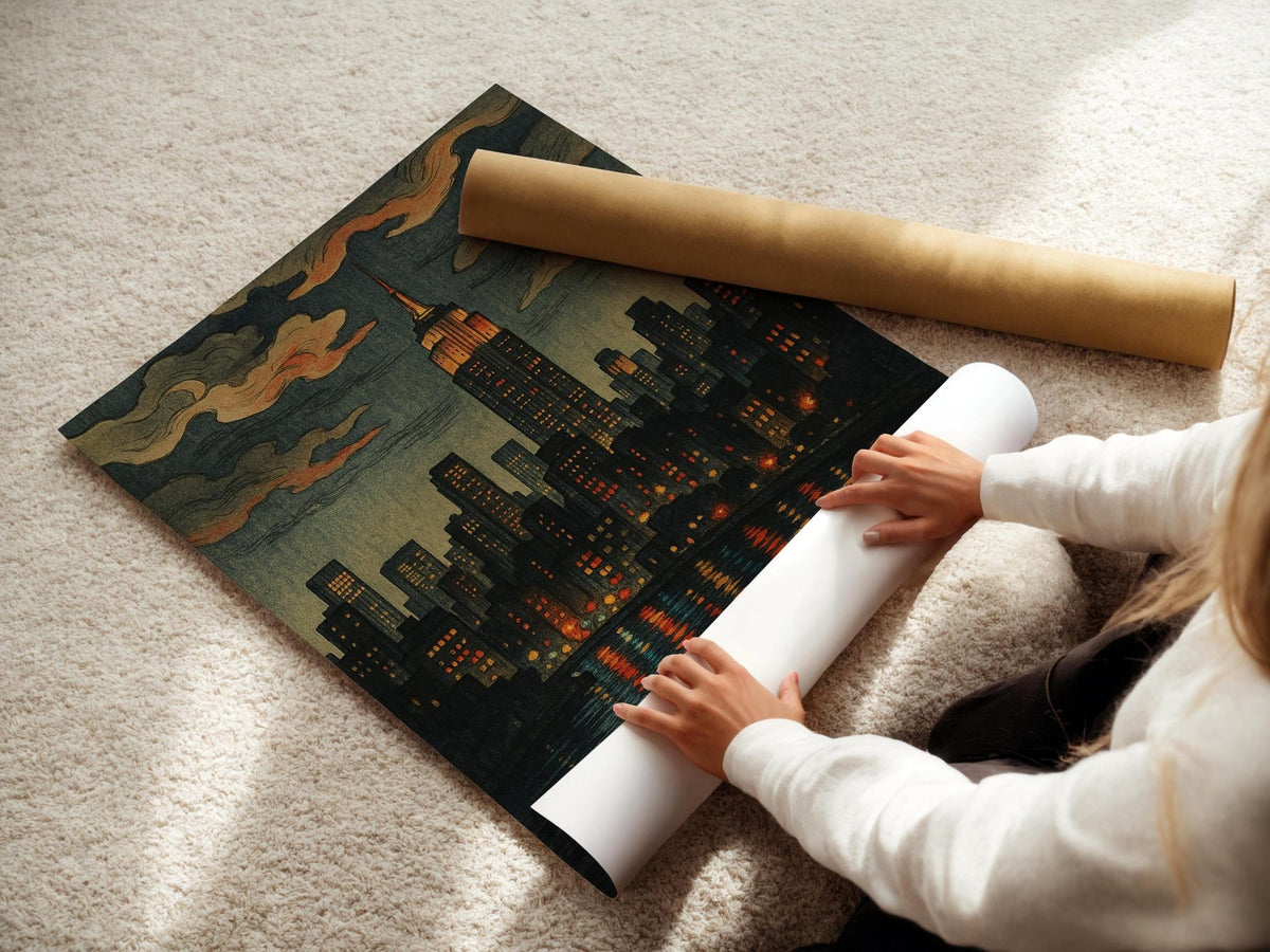 New York City Night Skyline Poster | Moody Empire State Building Wall Art with River Lights | Retro Urban Print | Free Shipping Always - Just Great Posters