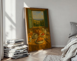 Tuscany Breakfast Poster | Cozy Italian Still Life Wall Art with Countryside View | Rustic Kitchen Print | Free Shipping Always Included - Just Great Posters