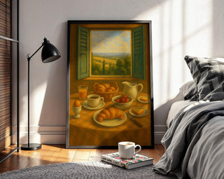 Tuscany Breakfast Poster | Cozy Italian Still Life Wall Art with Countryside View | Rustic Kitchen Print | Free Shipping Always Included - Just Great Posters